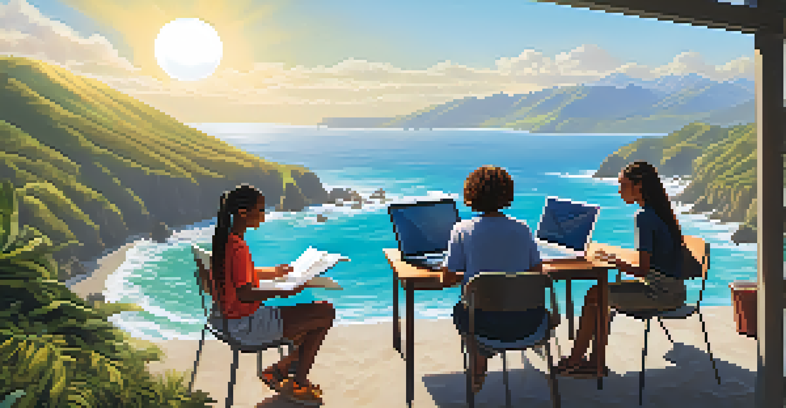 Diverse students working together on a research project outdoors with a view of the Pacific Ocean.