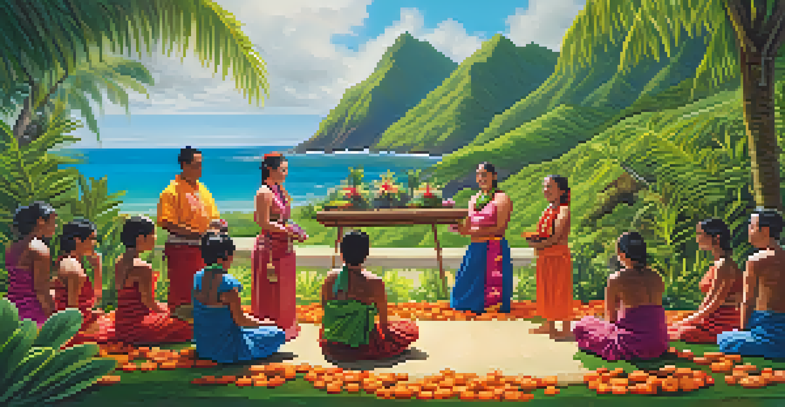 A group of people in traditional clothing participating in a ritual to honor ʻAumakua in a tropical outdoor setting.