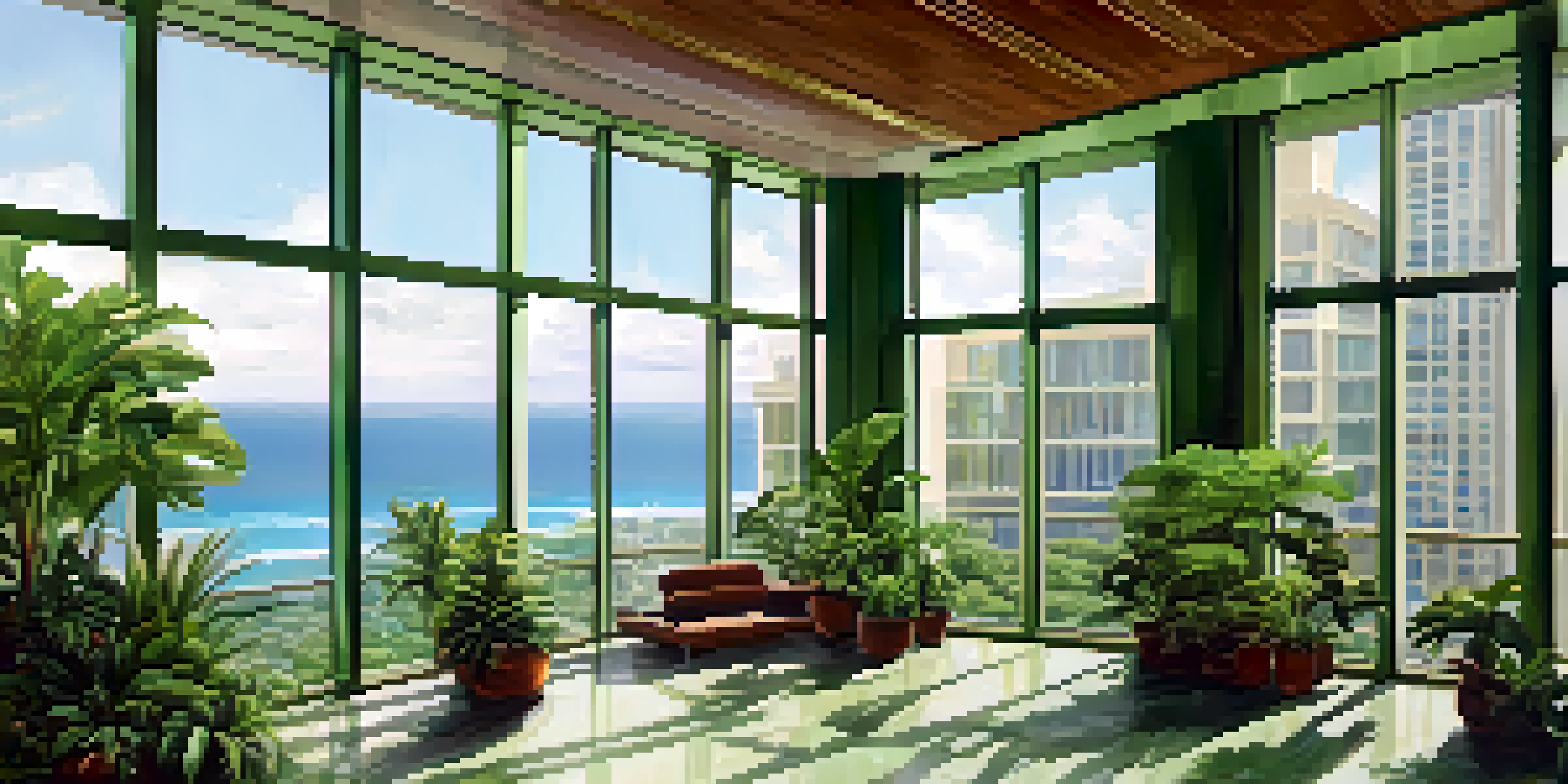 An interior view of a green skyscraper with plants and large windows, showing people interacting in a bright atrium that connects indoor and outdoor spaces.