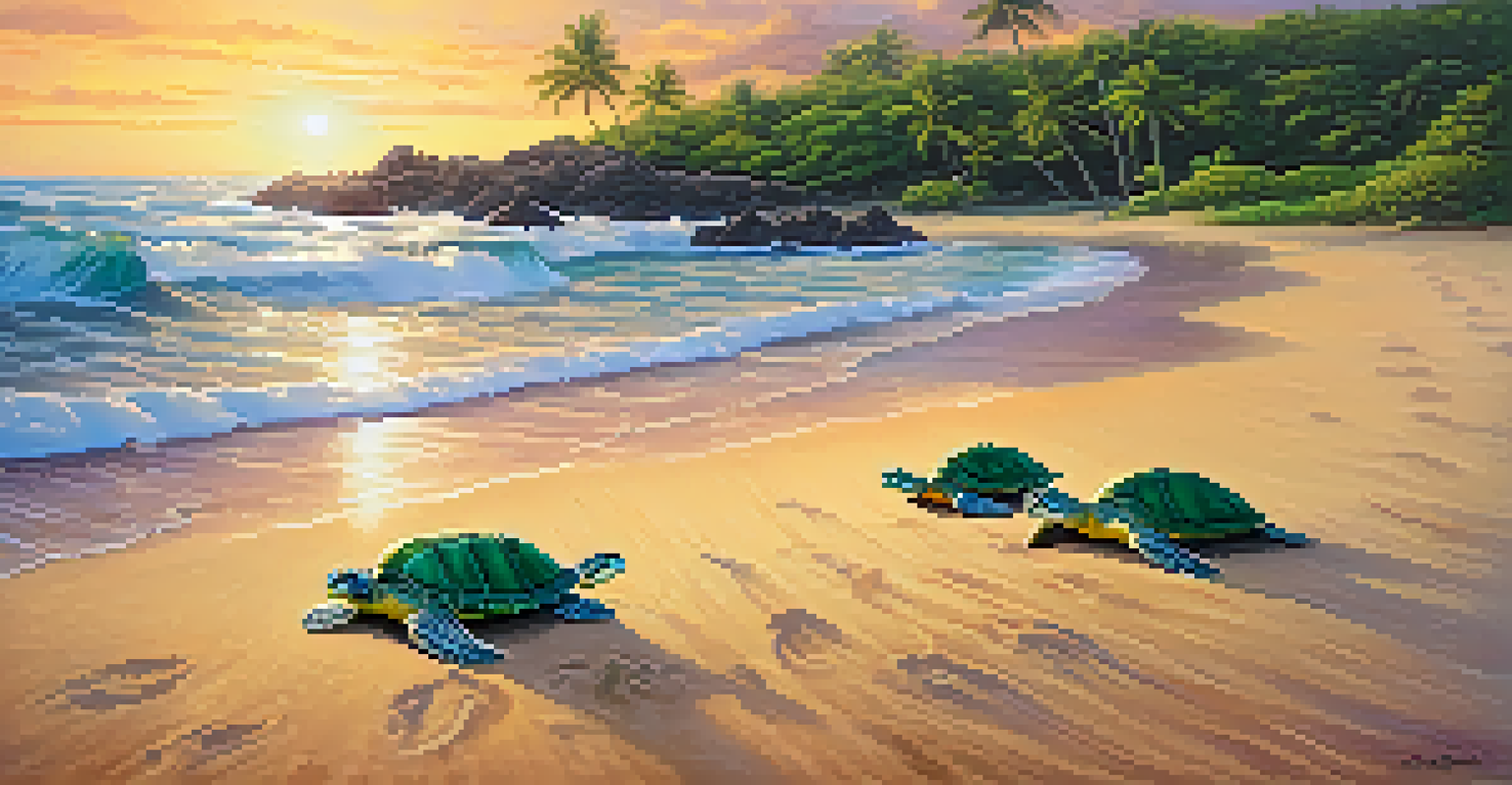 A sunset beach scene with green sea turtles resting on the sand in Hawaii.