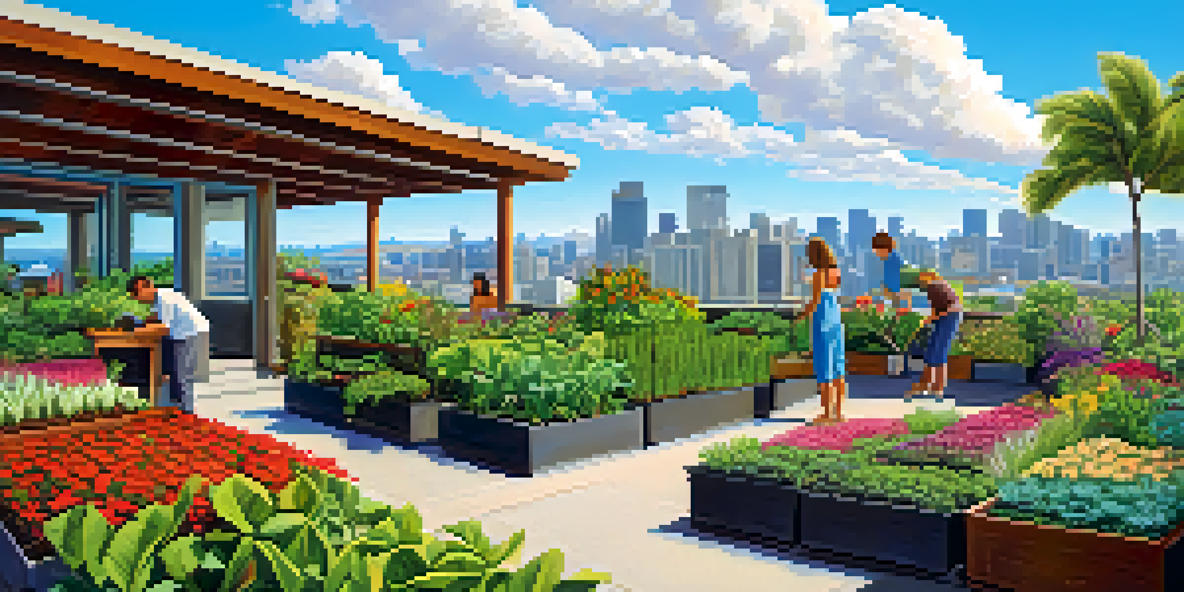 A rooftop urban garden in Honolulu filled with tropical plants and vegetables, with the city skyline in the background and gardeners at work.