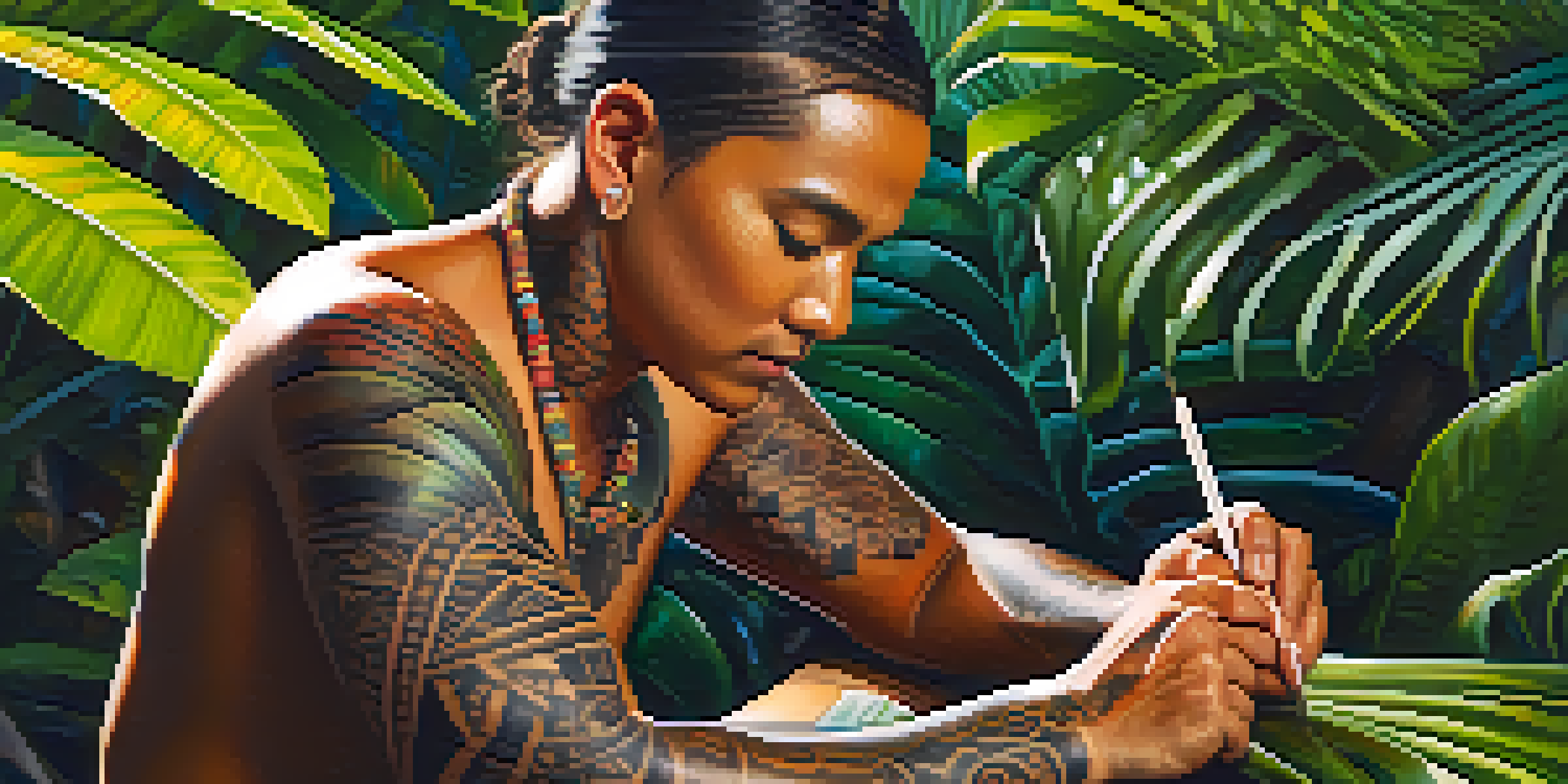 A Hawaiian tattoo artist applying a tattoo in a tropical setting, surrounded by vibrant plants and sunlight.