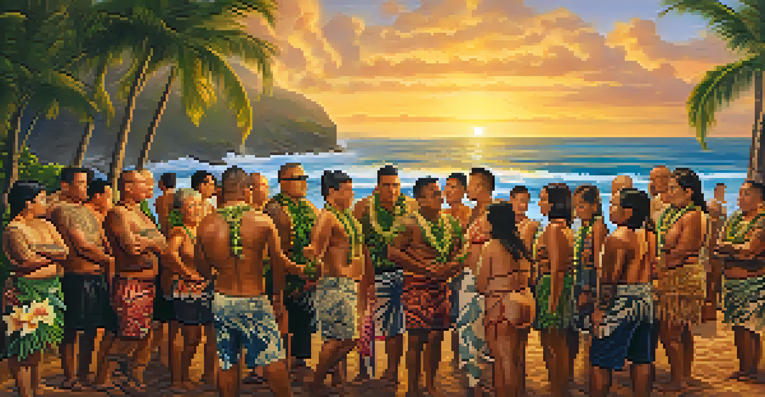 A gathering of people celebrating Hawaiian tattoo art, sharing stories and showcasing tattoos at sunset.