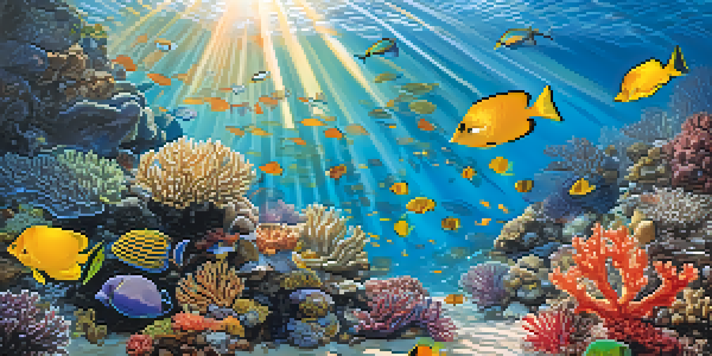 An underwater view of a colorful coral reef filled with various tropical fish and sunlight filtering through the water.