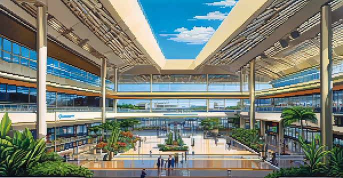 A view of Honolulu Airport with modern architecture, accessible ramps, and tropical plants under a bright sky.