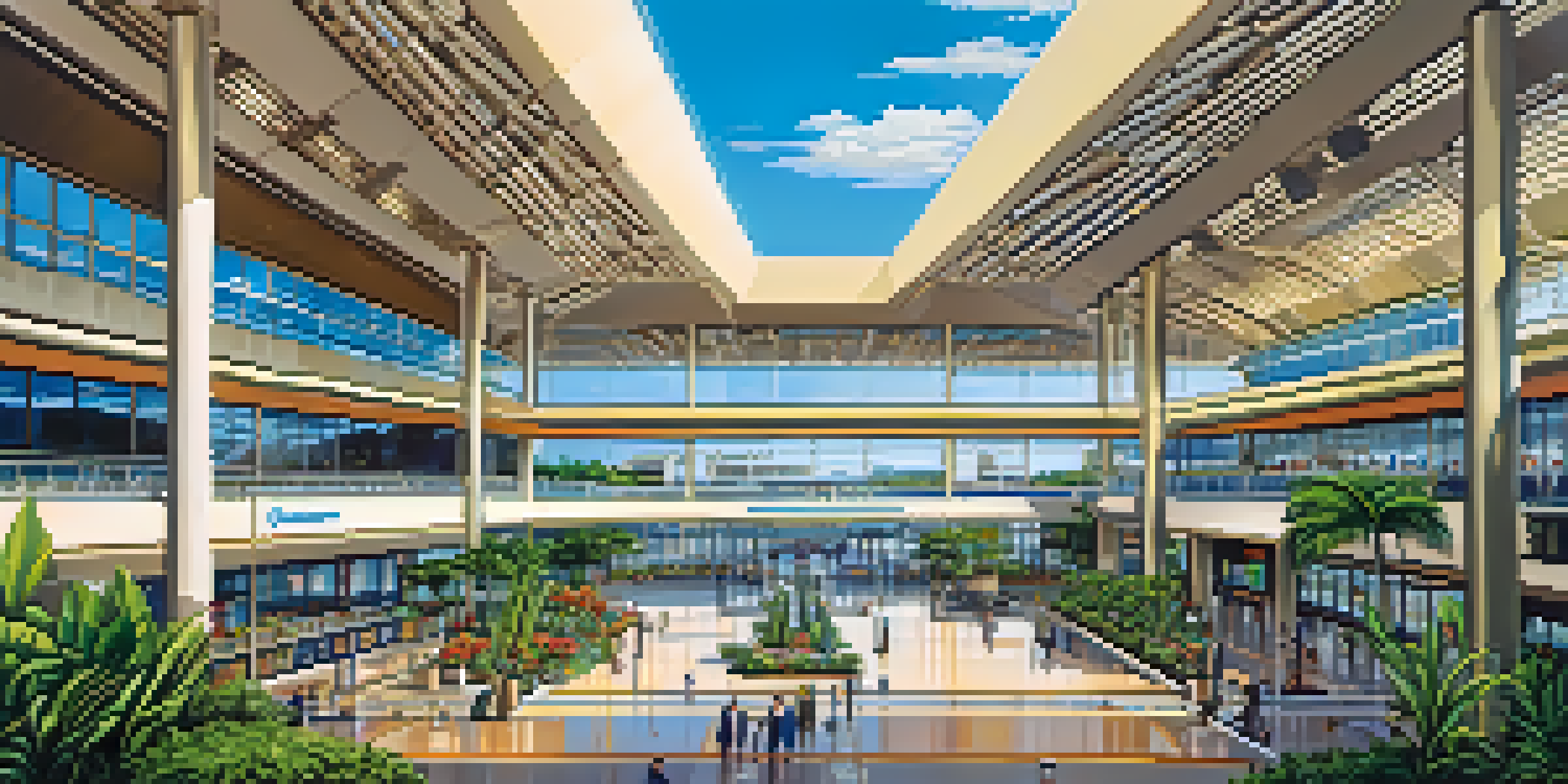 A view of Honolulu Airport with modern architecture, accessible ramps, and tropical plants under a bright sky.