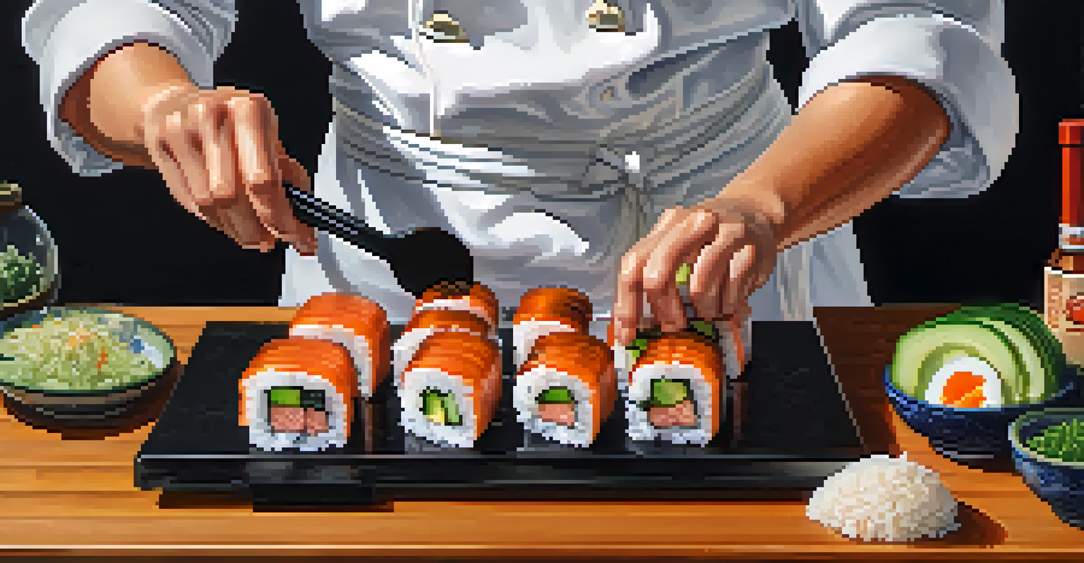 A chef preparing Spam Musubi with sushi rice and teriyaki-glazed Spam, surrounded by fresh ingredients.
