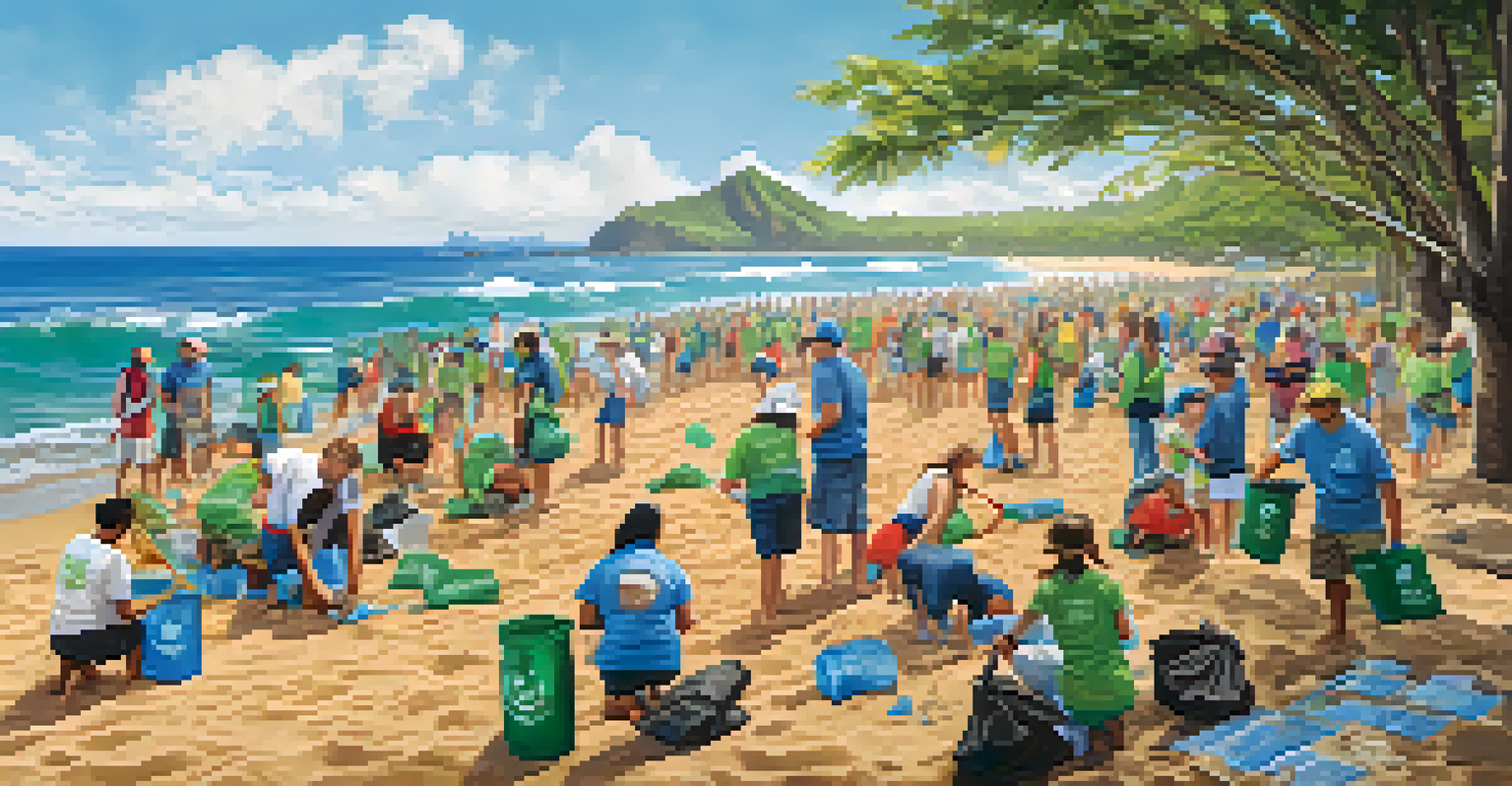 Volunteers participating in a beach cleanup in Honolulu, collecting trash and invasive species, with the ocean in the background.