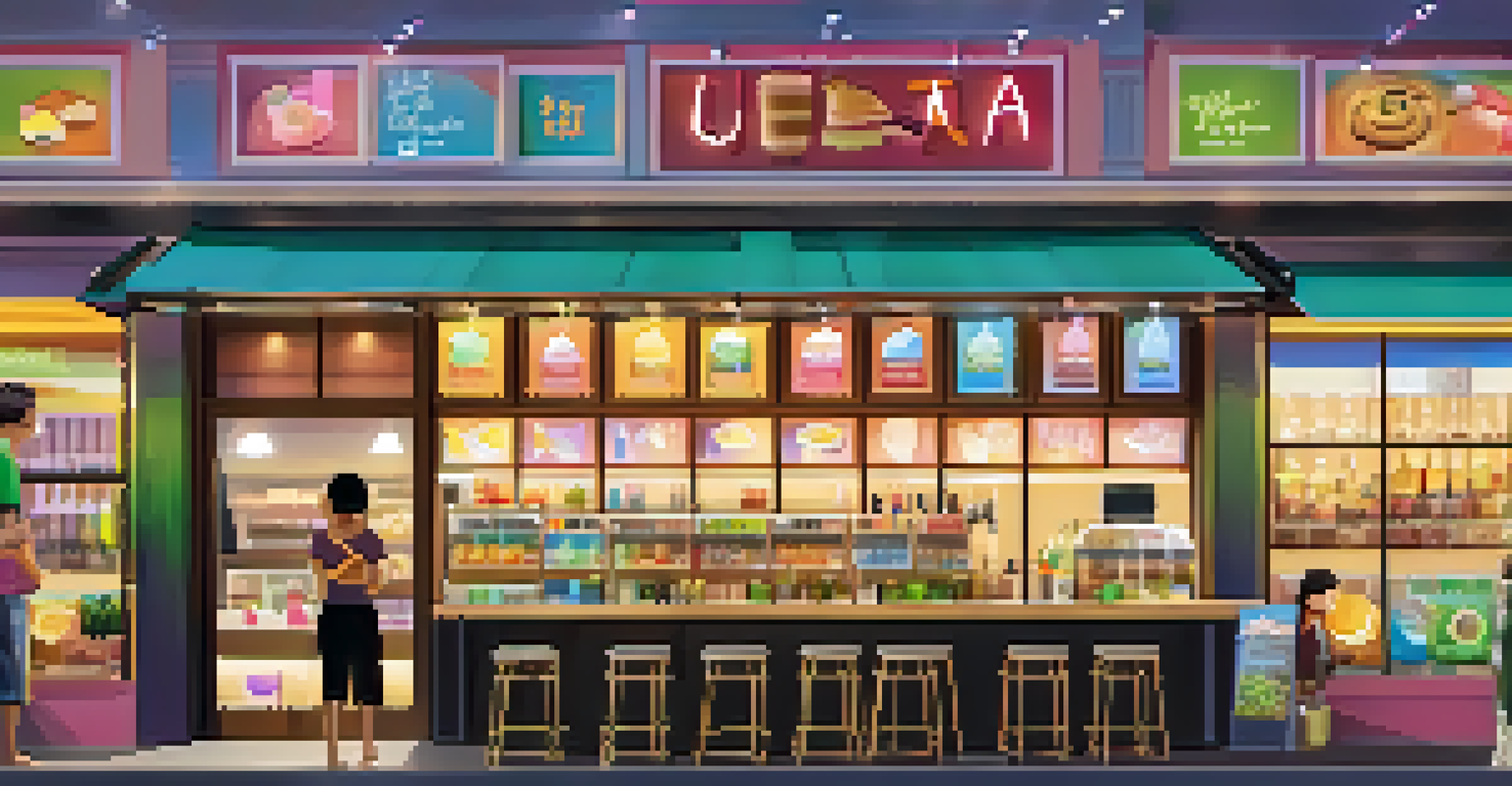 A lively bubble tea shop with colorful drinks and a busy atmosphere, showcasing a variety of creative bubble tea options.