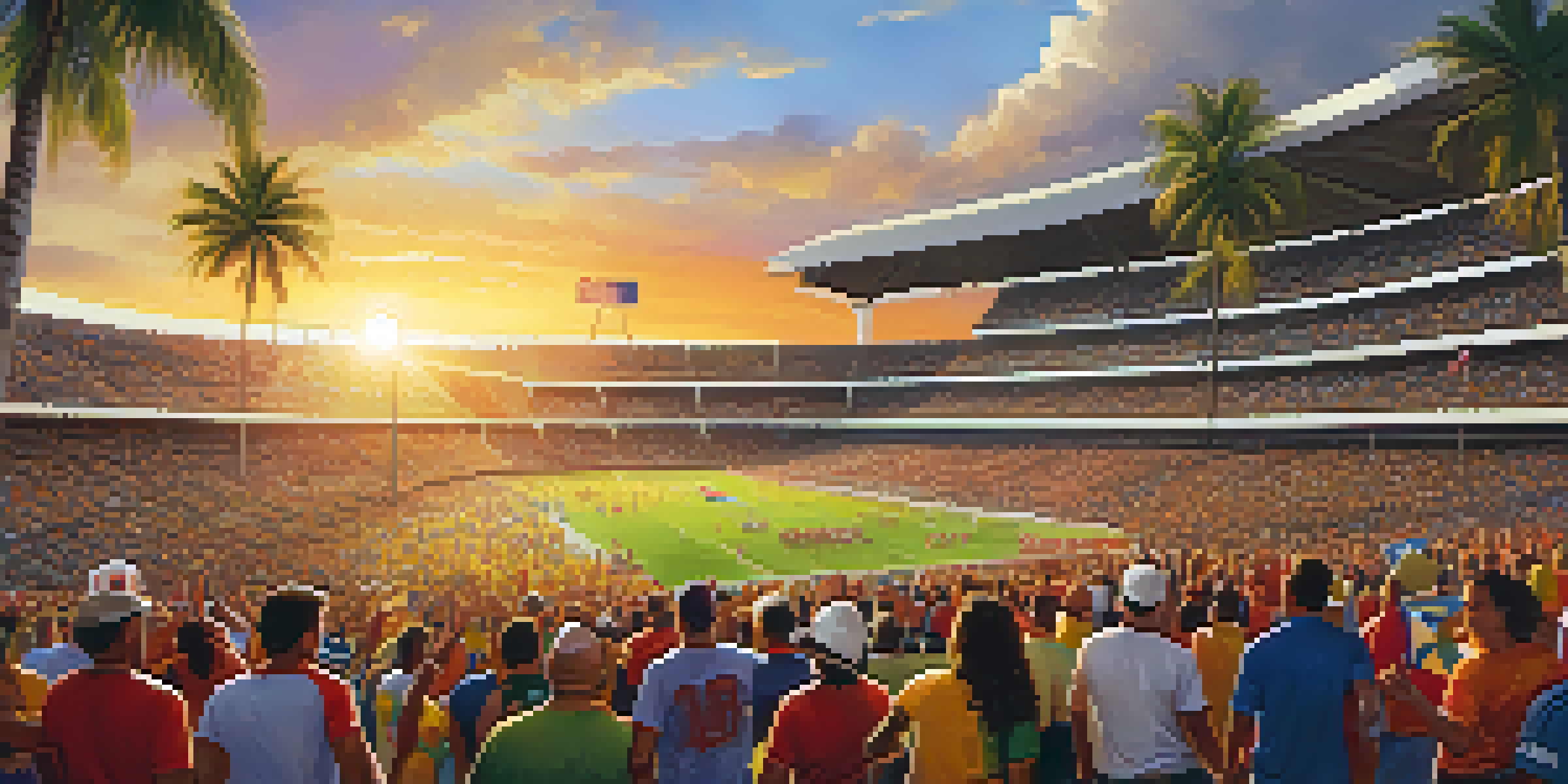 A lively football game day in Honolulu with fans in team jerseys cheering in a stadium during sunset.