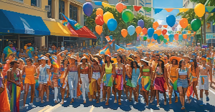 A colorful and lively representation of the Honolulu Pride Parade with diverse participants in costumes, pride flags, and decorated floats under a sunny sky.