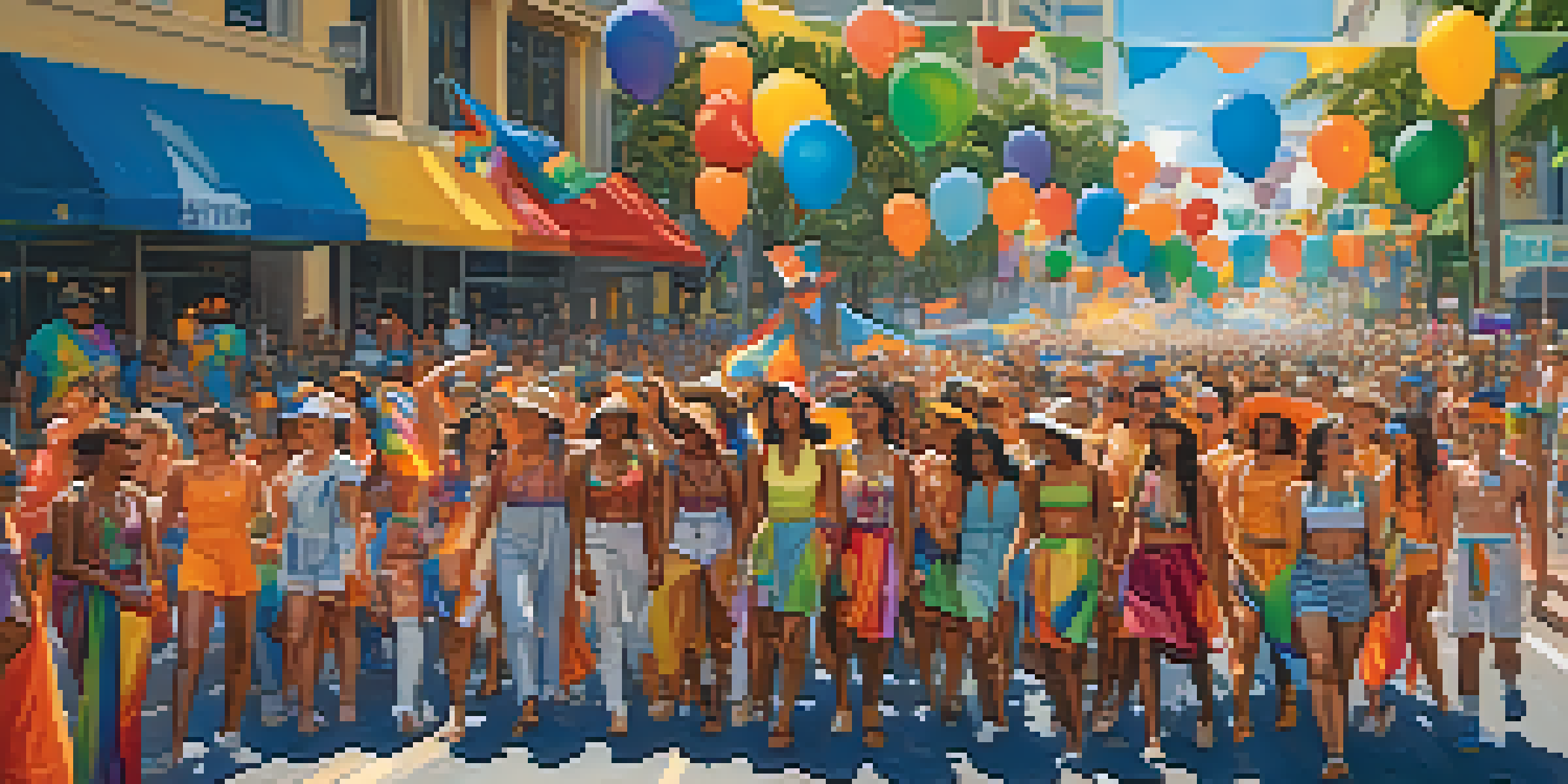A colorful and lively representation of the Honolulu Pride Parade with diverse participants in costumes, pride flags, and decorated floats under a sunny sky.