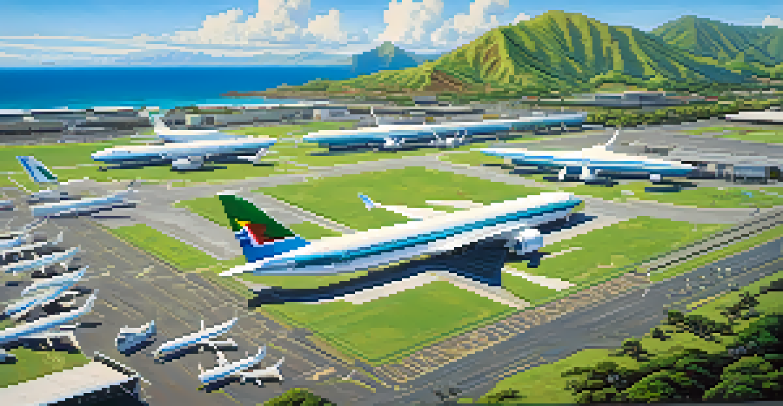 Aerial view of Honolulu's international airport with airplanes on the tarmac and mountains in the background.
