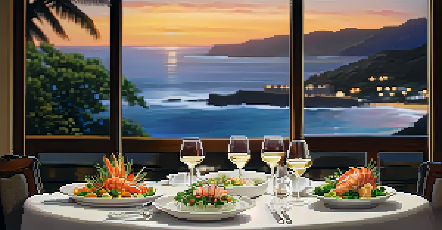 An elegant table setting featuring a plated seafood dish with vegetables, candlelight, and an ocean view.