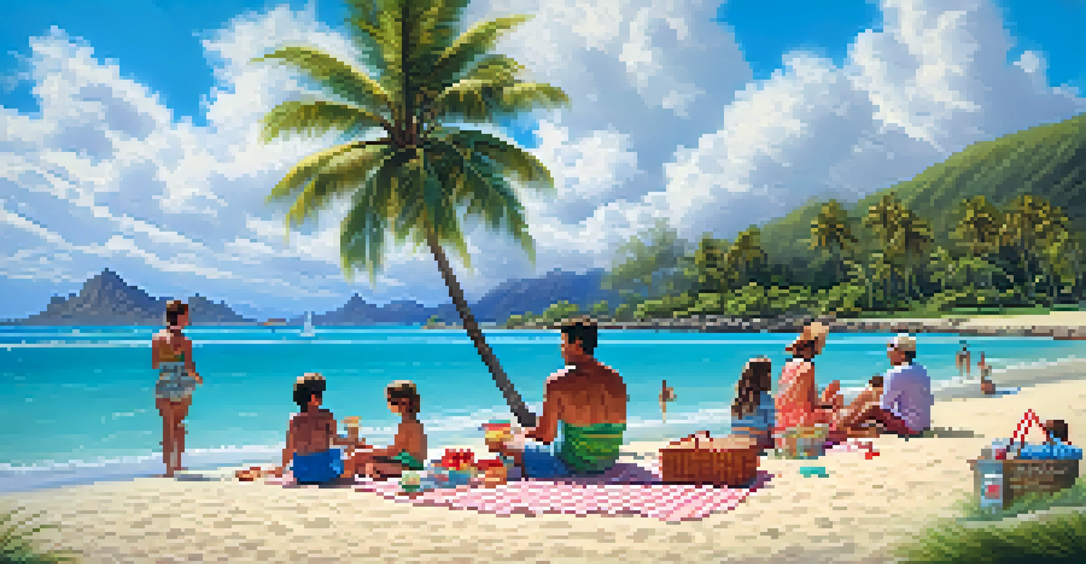 A family having a picnic on Kailua Beach with children playing in the water and a beach blanket in the foreground.