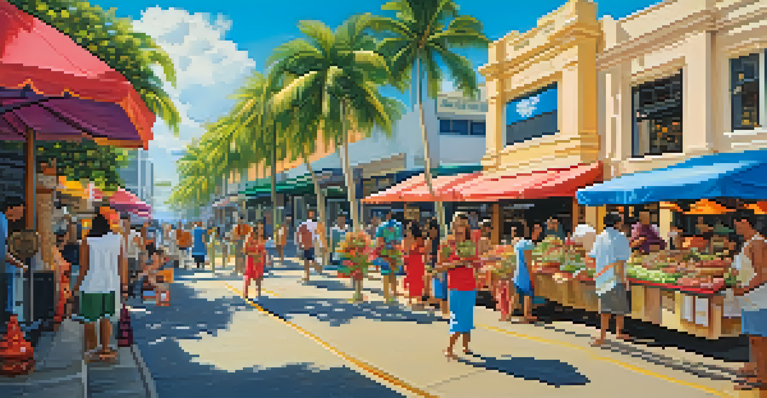 A lively street scene in Honolulu, showcasing local culture, food, and diverse people enjoying the atmosphere.