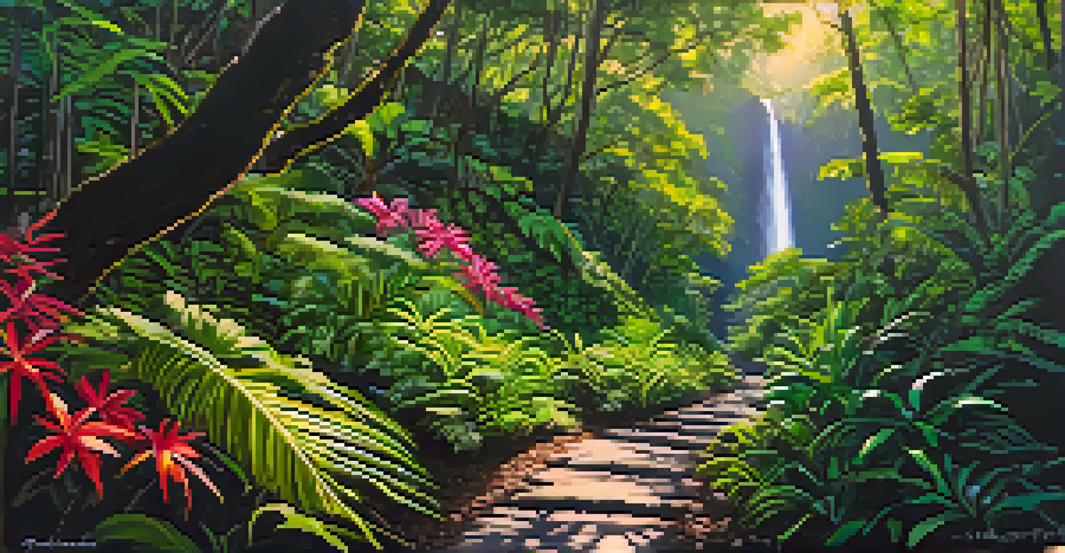 A peaceful hiking trail in Manoa leading to a waterfall, surrounded by lush greenery and colorful flowers.