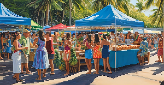 A lively Coconut Festival in Honolulu with food stalls and people enjoying hula performances under palm trees.