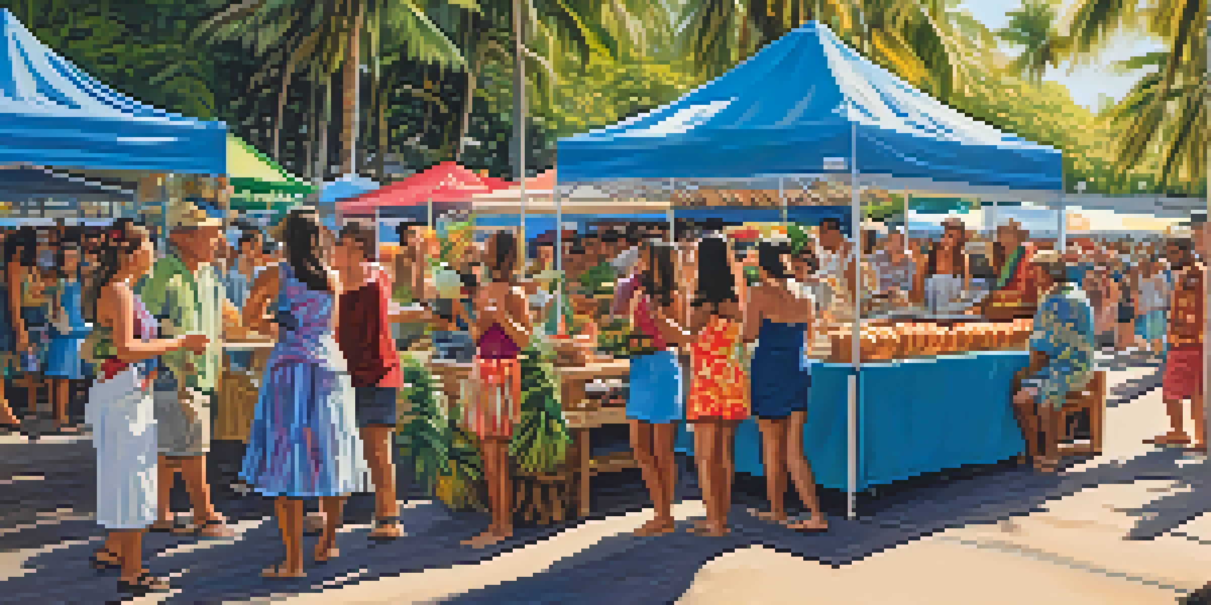 A lively Coconut Festival in Honolulu with food stalls and people enjoying hula performances under palm trees.