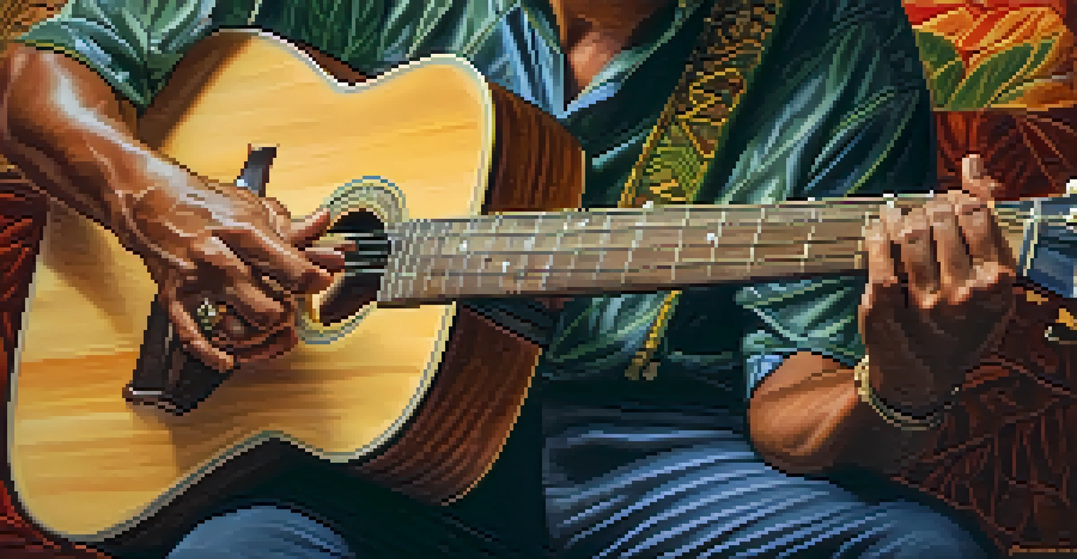 A musician's hands playing a slack key guitar in a warm, soft-lit setting.