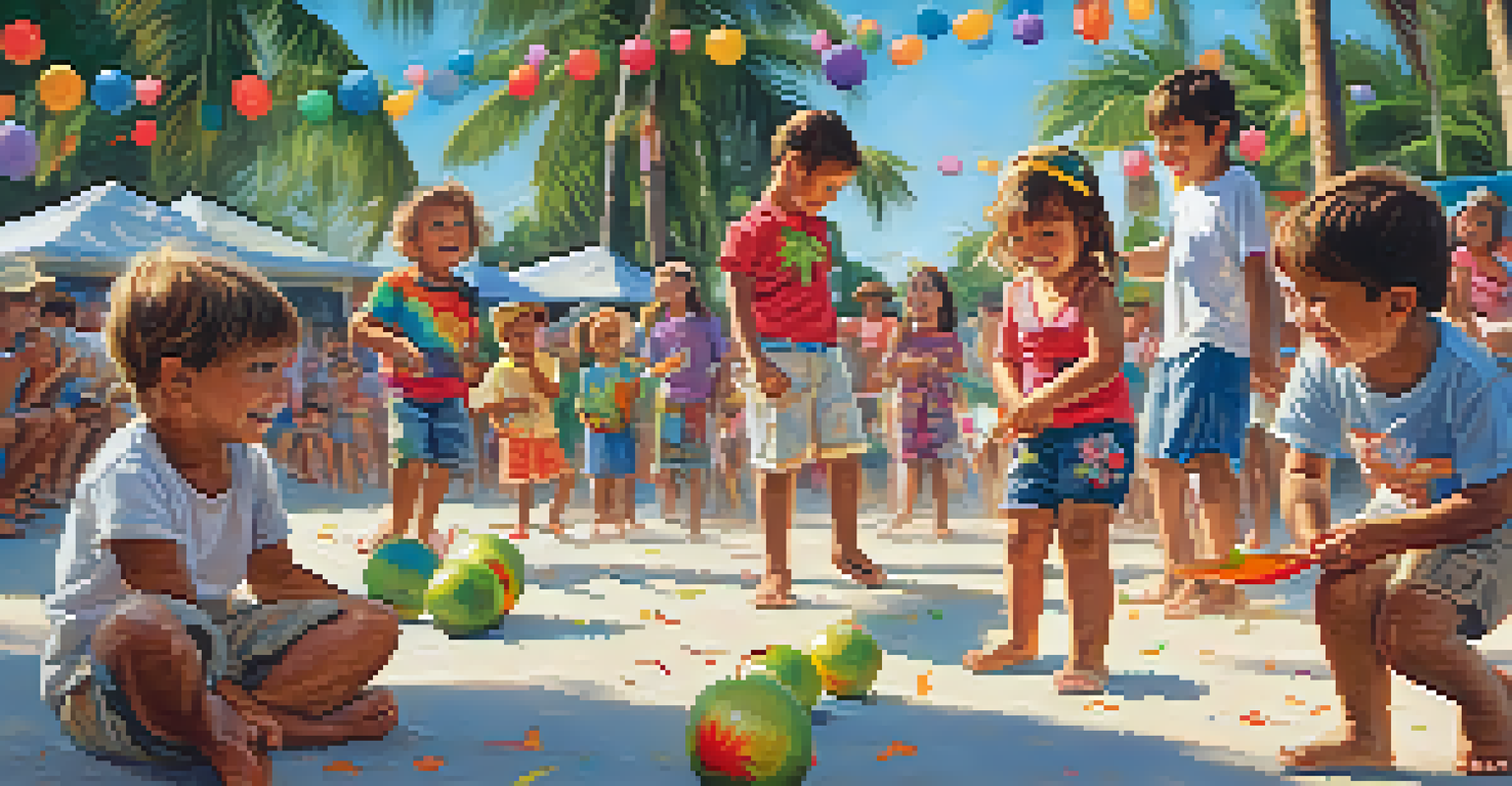 Children having fun at the Coconut Festival while participating in coconut bowling, with colorful decorations around them.