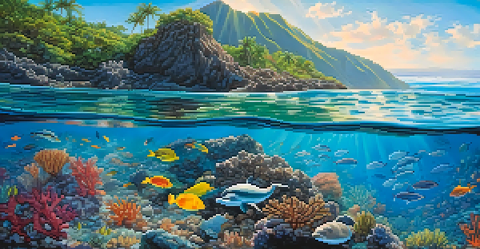 An underwater view of a colorful coral reef in Honolulu, featuring various corals, tropical fish, and a Hawaiian monk seal, illuminated by sunlight.