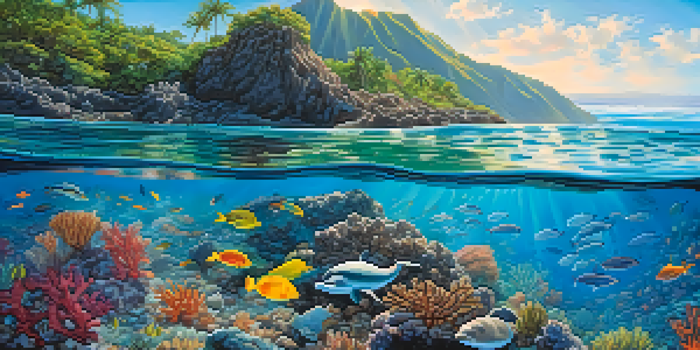 An underwater view of a colorful coral reef in Honolulu, featuring various corals, tropical fish, and a Hawaiian monk seal, illuminated by sunlight.