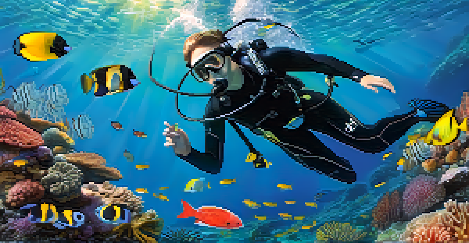 A researcher in a wetsuit using an underwater drone above a colorful coral reef, with various fish swimming around.