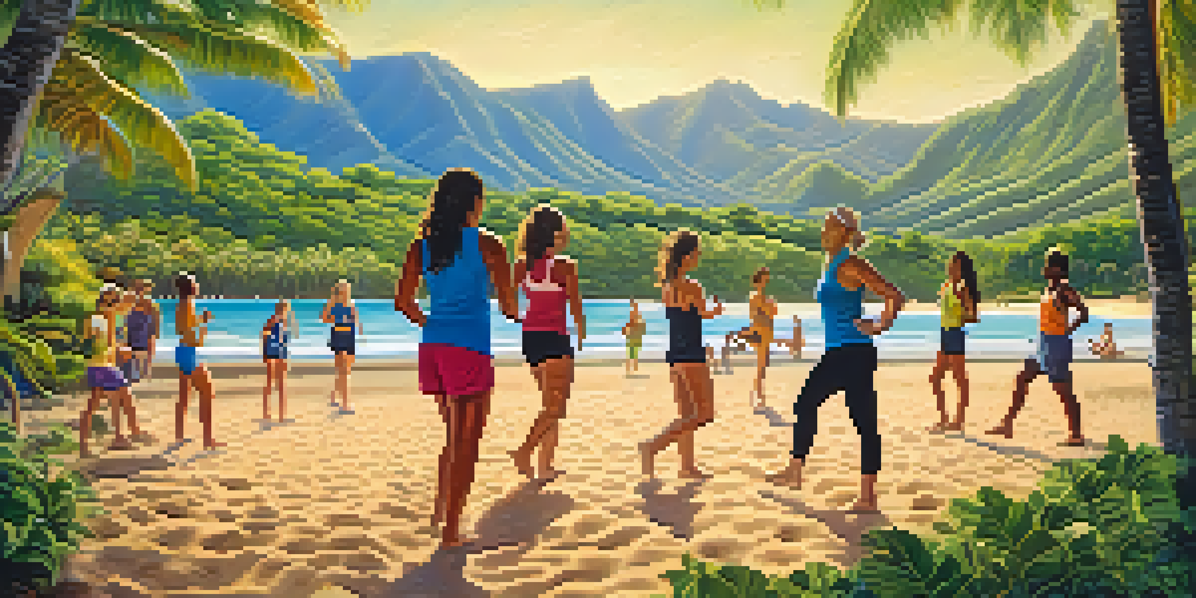 A lively outdoor scene in Honolulu with people hiking, practicing yoga, and playing beach volleyball, set against green mountains and a bright blue sky.