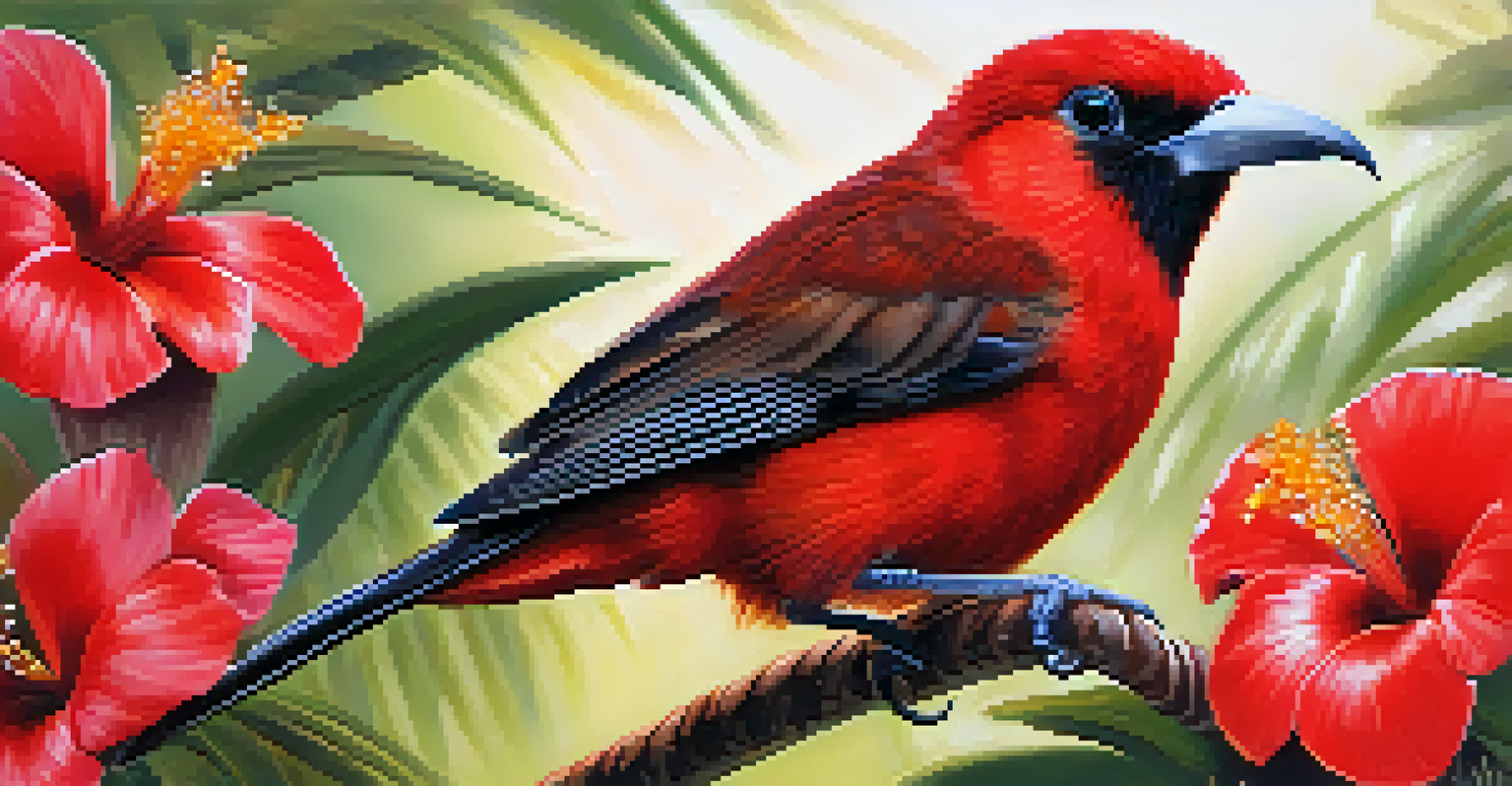 A close-up of the ‘i‘iwi bird with bright red feathers feeding on a native Hawaiian flower, with a blurred background highlighting their interaction.