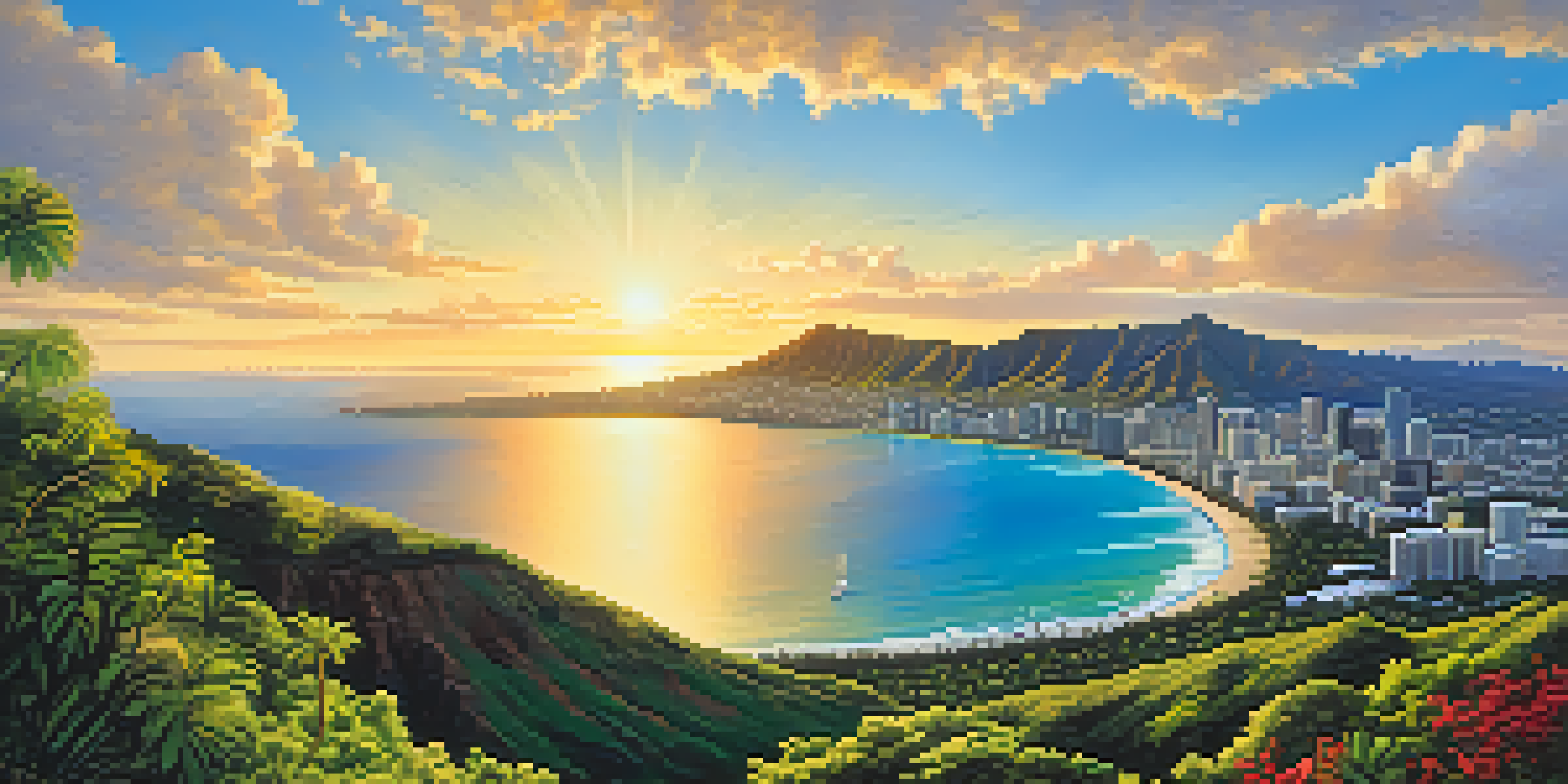 A panoramic view from Diamond Head showing the ocean and Honolulu city during sunset.