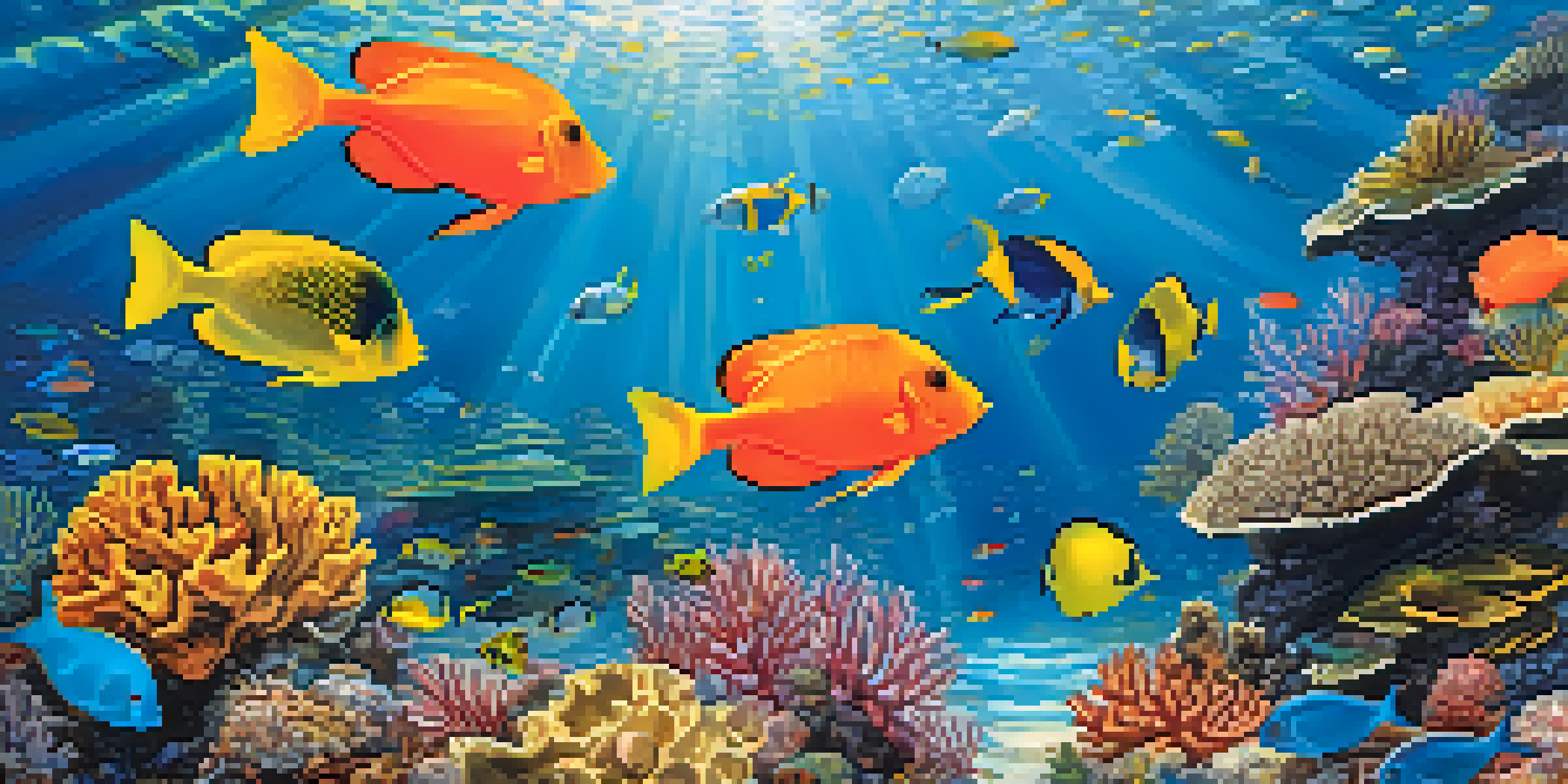 An underwater view of a colorful coral reef with various fish swimming, illuminated by sunlight.