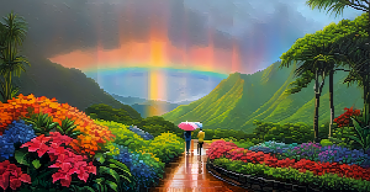 A rainbow over lush green mountains in Honolulu during a rain shower, with colorful flowers in the foreground and a couple under an umbrella.