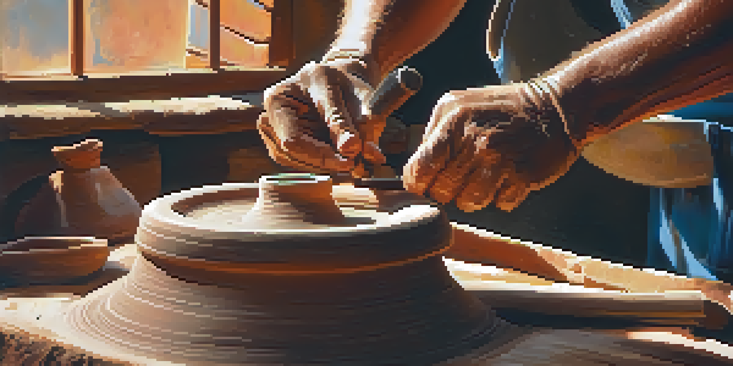 A pottery artisan shaping clay on a wheel, with sunlight illuminating the workspace.
