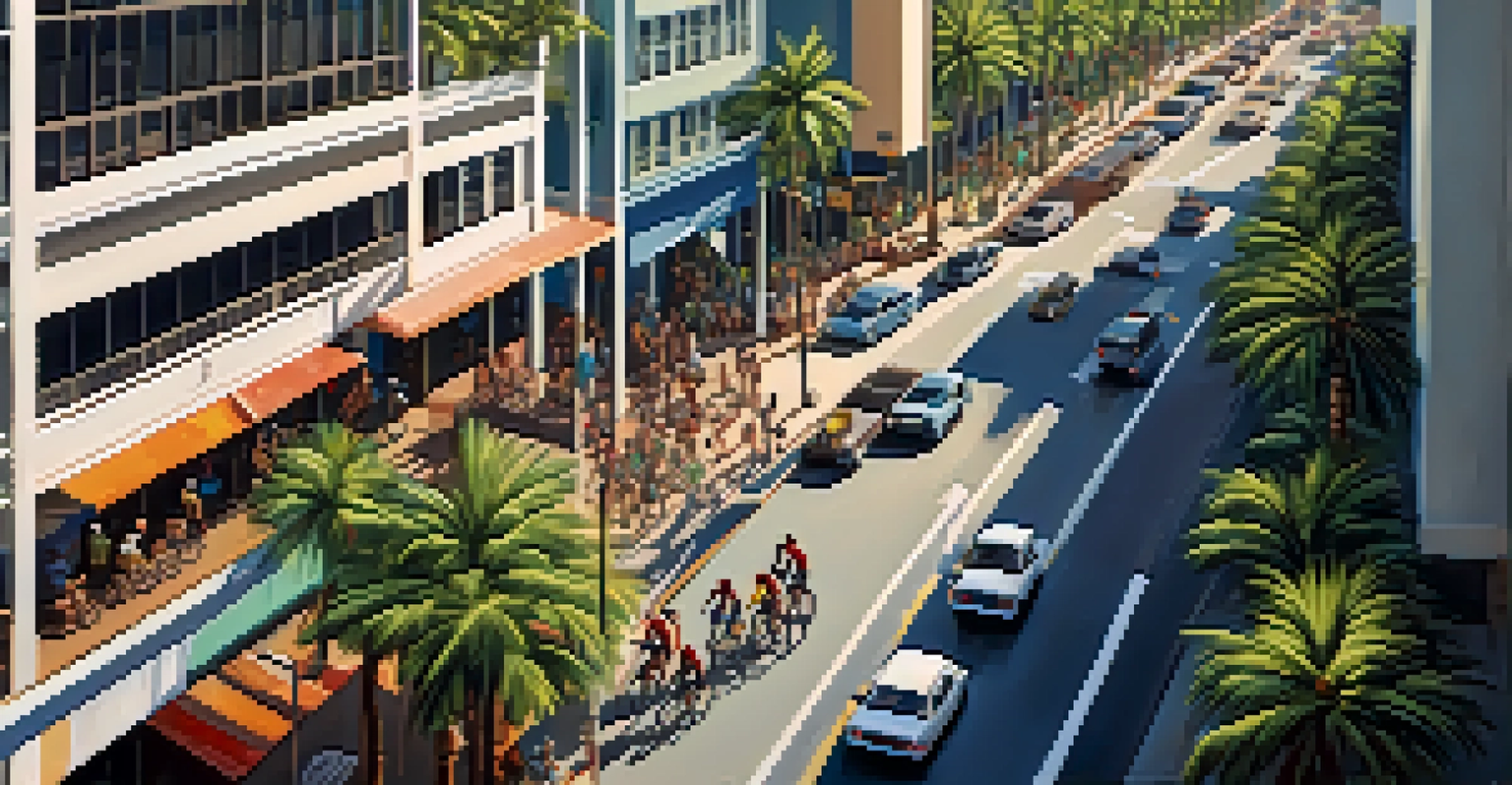 An aerial view of a busy Honolulu street with cyclists, palm trees, and rideshare vehicles under sunny weather.