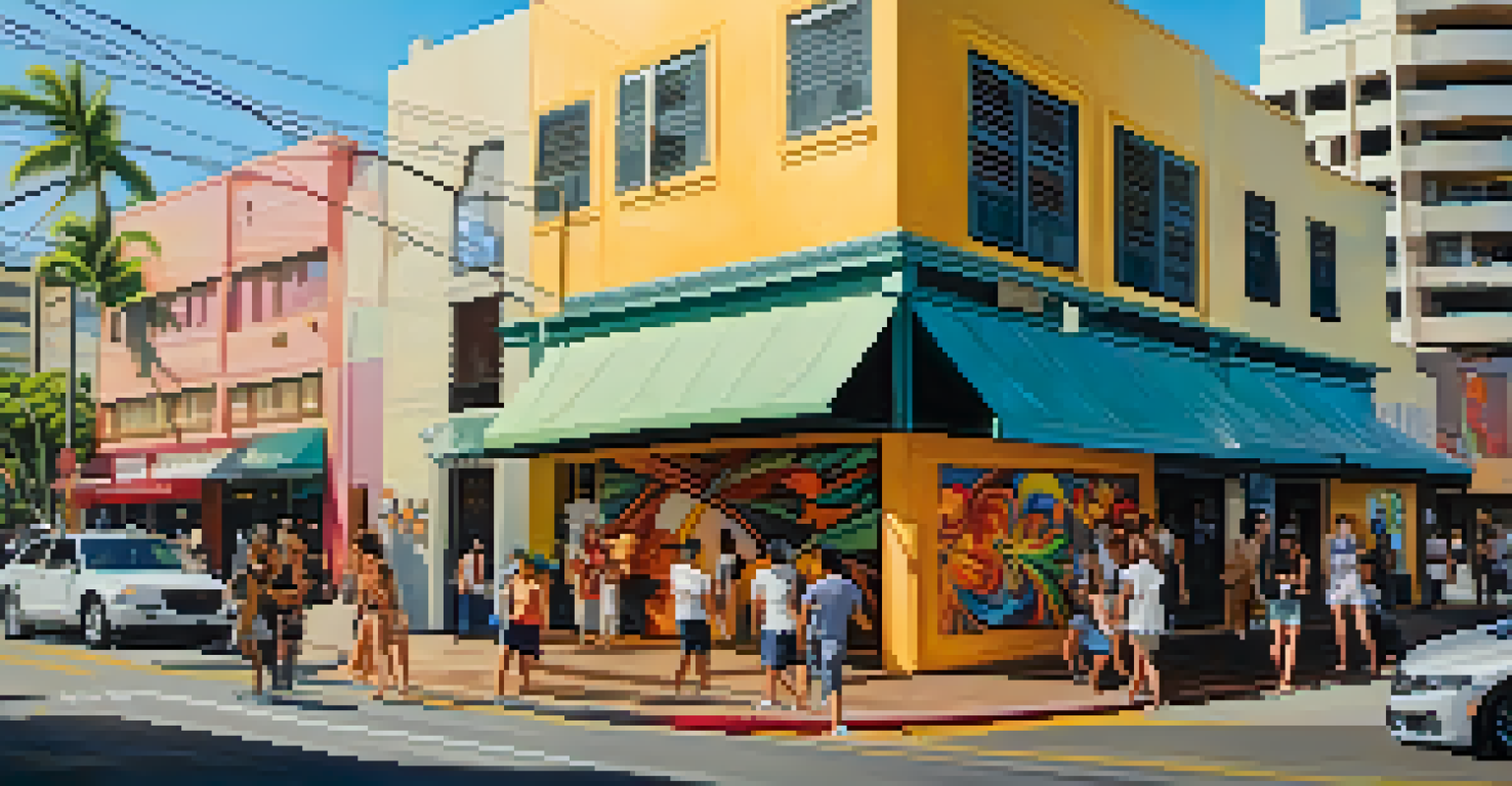 A lively urban scene capturing colorful street art in Kaka'ako with people engaging in the vibrant atmosphere.