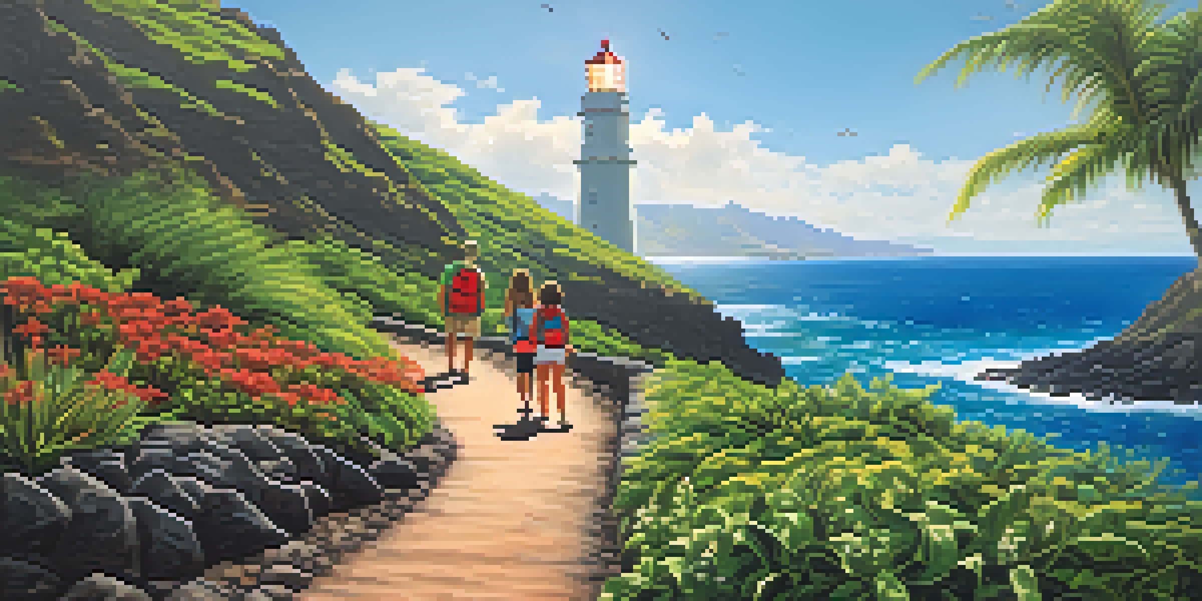 A family hiking on a paved trail with lush greenery and a lighthouse in the distance, with ocean views and whales in the background.