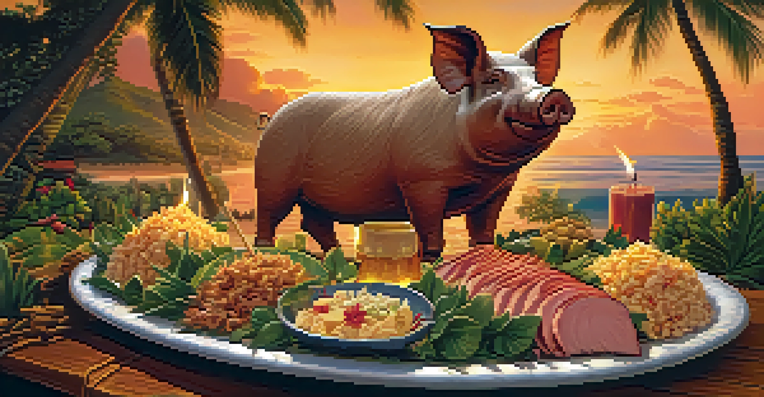 A whole Kalua Pig being served at a luau, surrounded by traditional Hawaiian sides and tropical decorations.