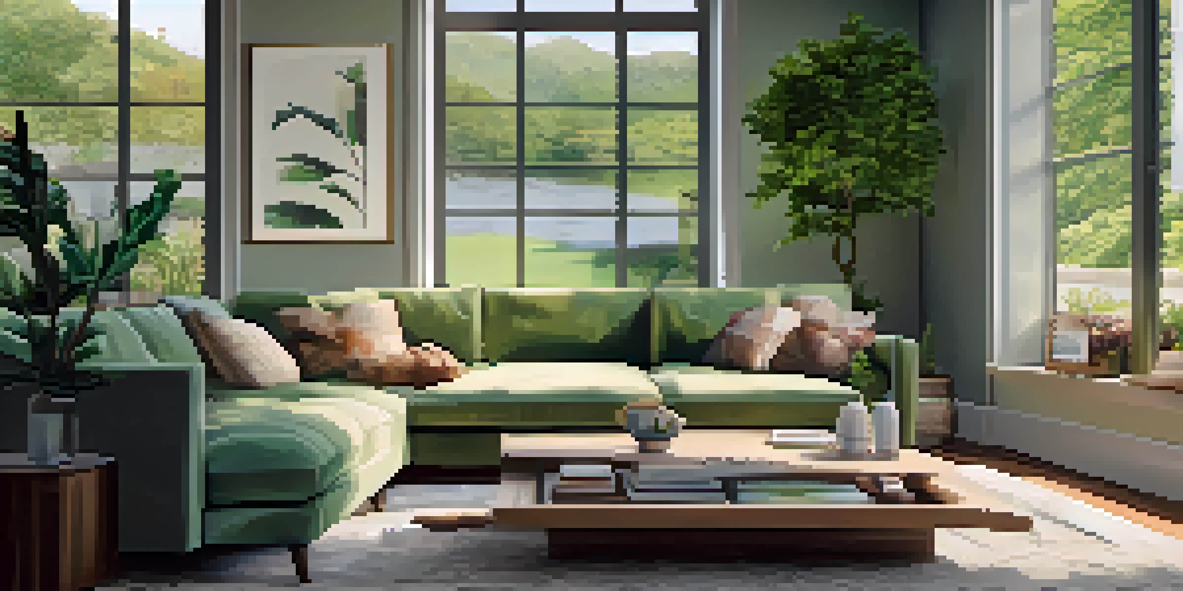 A modern living room with a sofa, coffee table, and a view of a garden through the window.