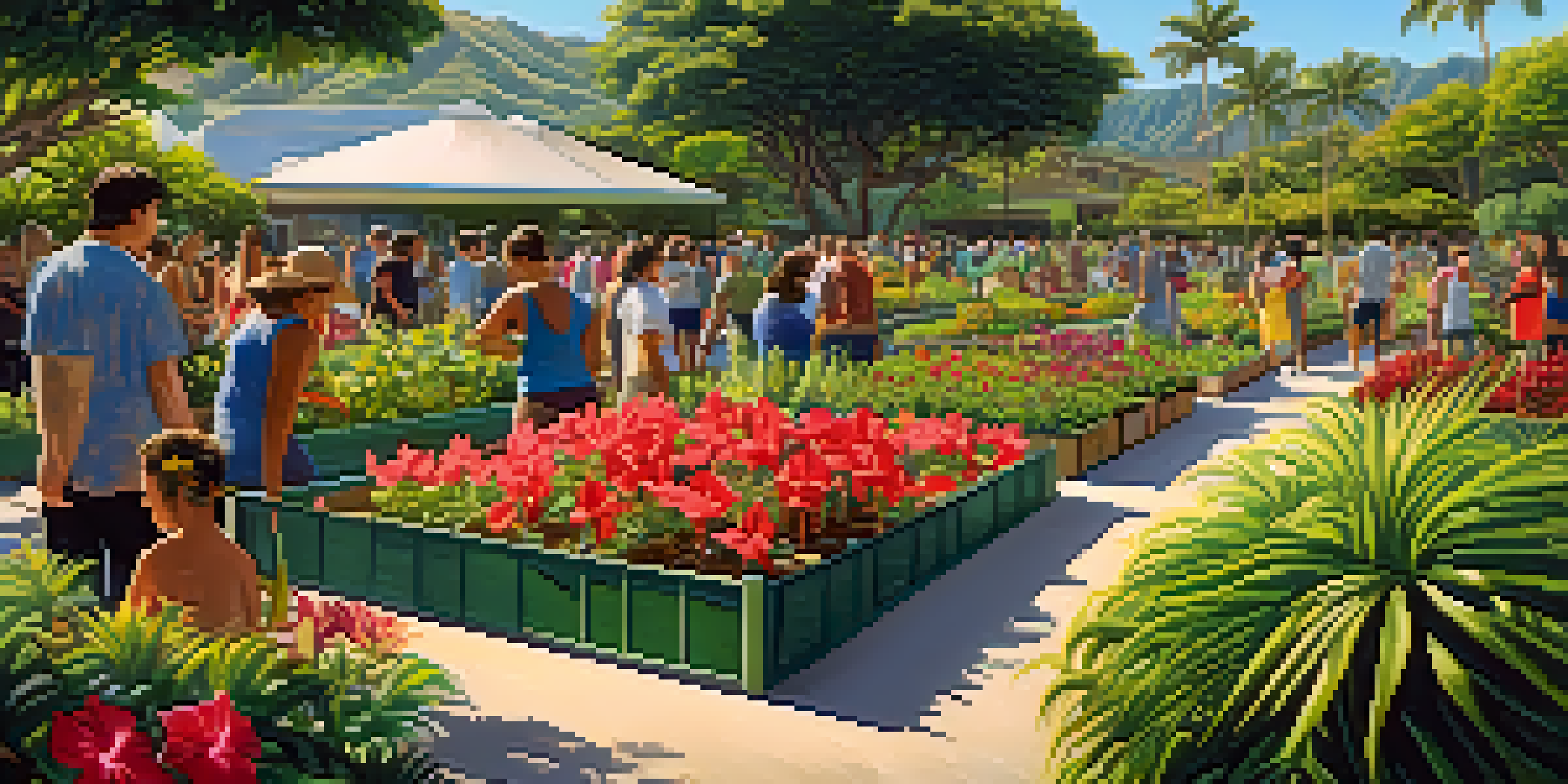 A community garden in Honolulu with native Hawaiian plants and residents planting together under sunny skies.