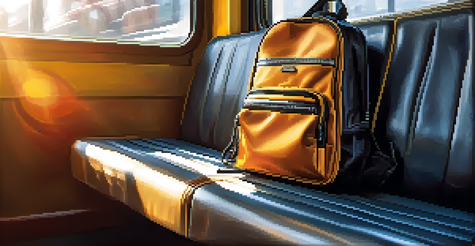 A close-up of a secure backpack on a bus seat, highlighting safety while passengers sit in the background.