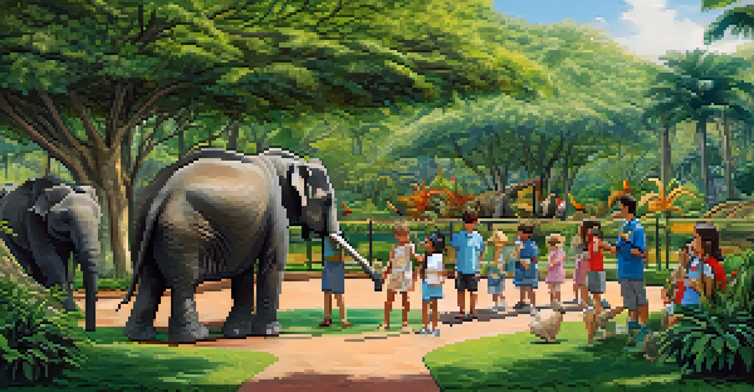 Children interacting with exotic animals at the Honolulu Zoo, surrounded by lush greenery.