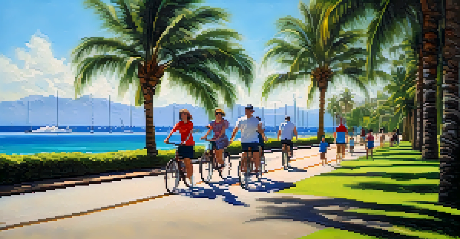 A family enjoying a walk along the bike path at Ala Moana Beach Park, with palm trees and the ocean in the background.