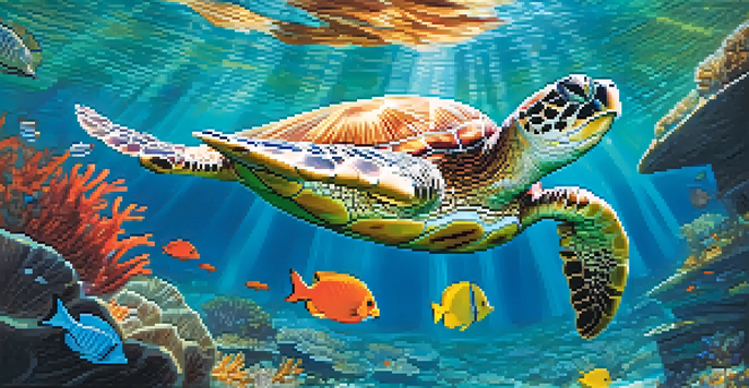 An underwater scene featuring a green sea turtle swimming among colorful coral reefs and fish.