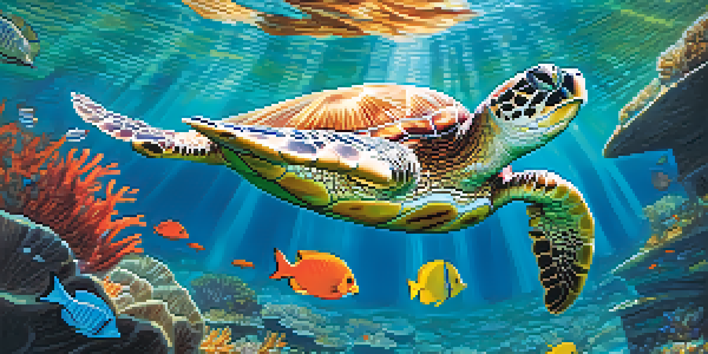 An underwater scene featuring a green sea turtle swimming among colorful coral reefs and fish.
