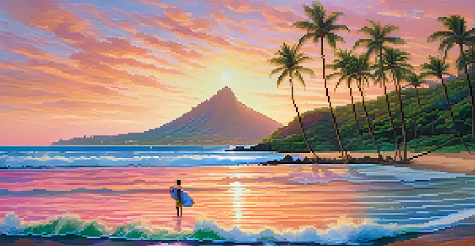A beautiful sunrise over Honolulu's coastline with orange and pink hues in the sky, calm ocean waters, surfers in the water, and lush tropical plants in the foreground.