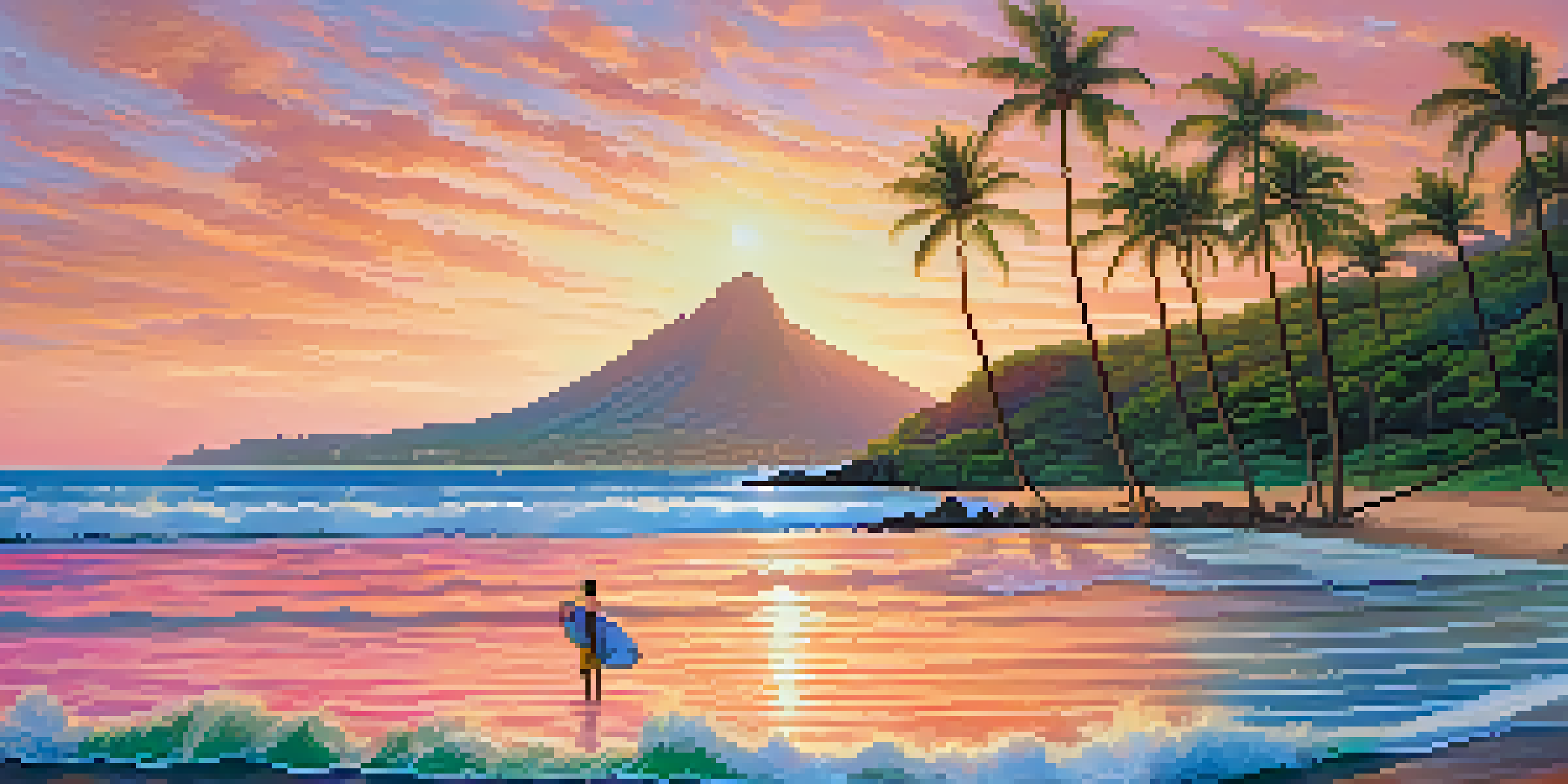 A beautiful sunrise over Honolulu's coastline with orange and pink hues in the sky, calm ocean waters, surfers in the water, and lush tropical plants in the foreground.