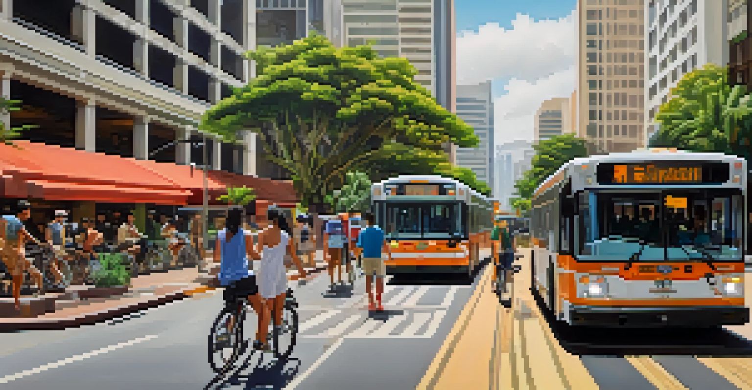 People in downtown Honolulu using rideshare apps and various transportation methods amidst urban scenery.