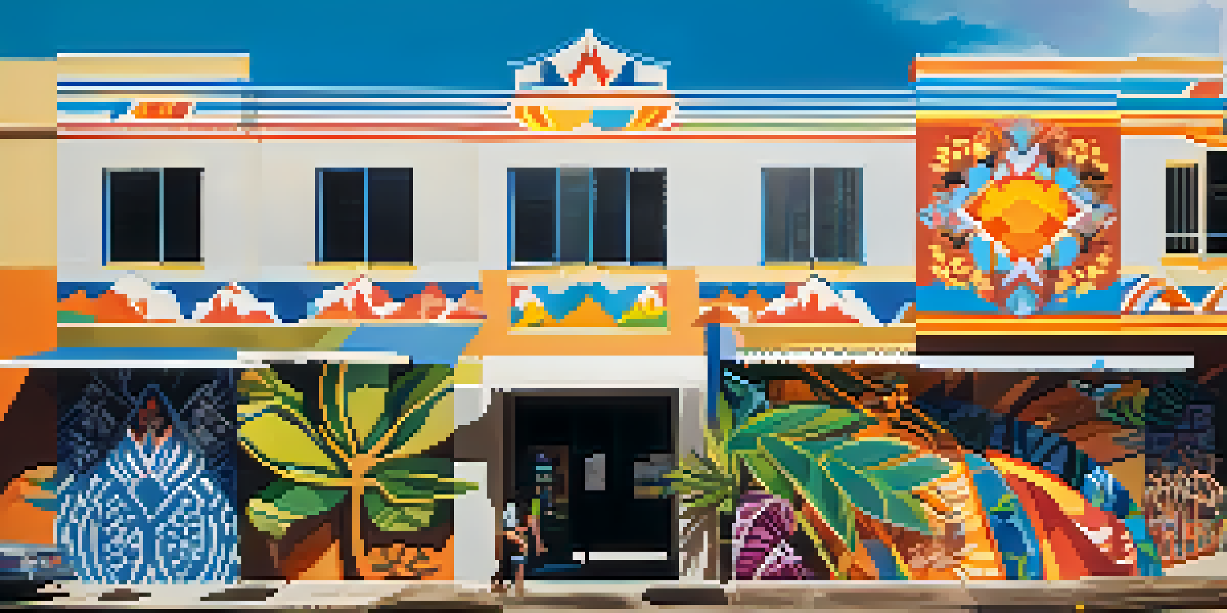 A colorful community mural in Honolulu that combines traditional Hawaiian patterns with modern art, surrounded by people of different cultures admiring the artwork.