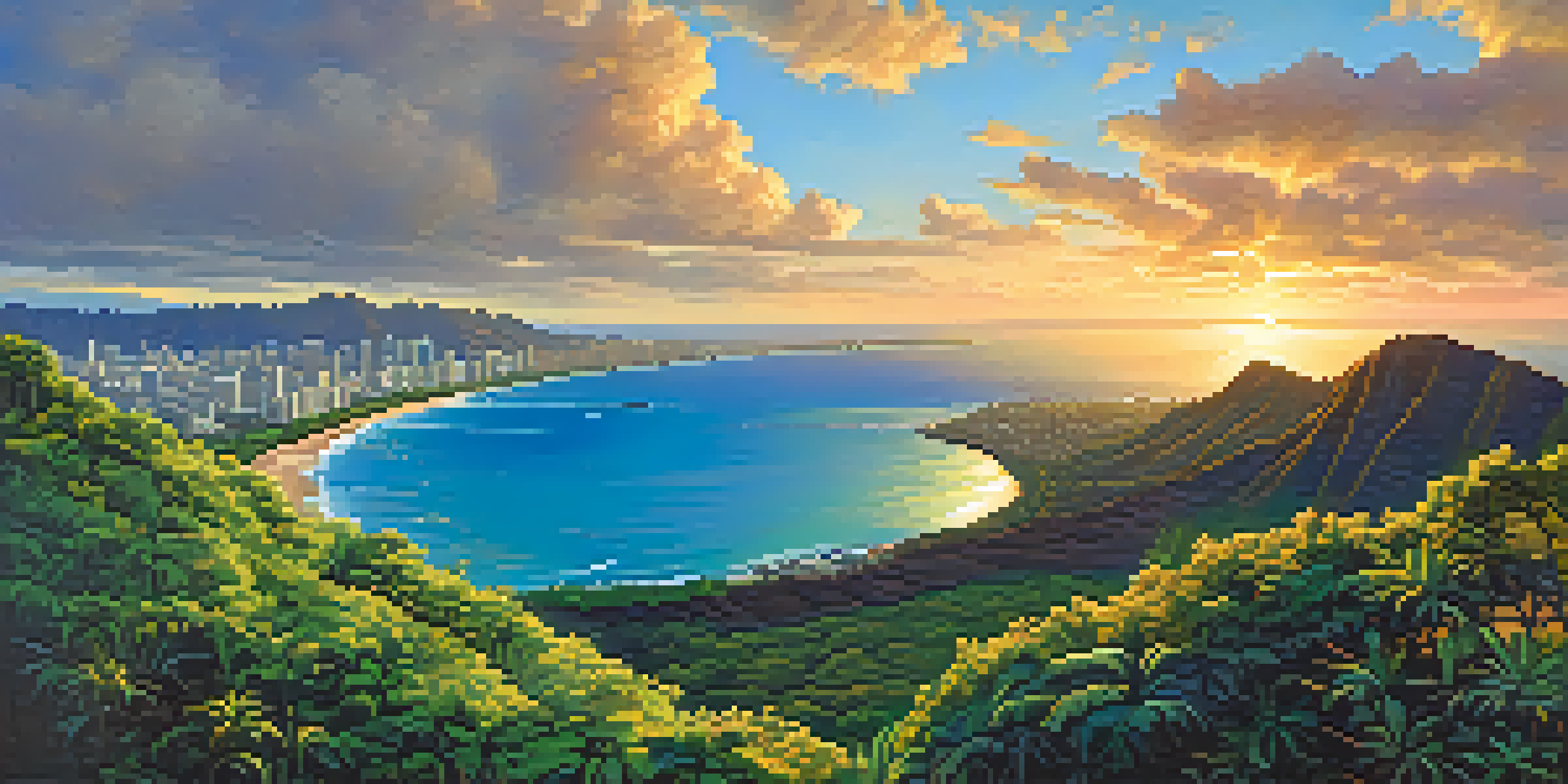 A stunning sunrise view from Diamond Head crater, with the Pacific Ocean and Honolulu skyline visible.
